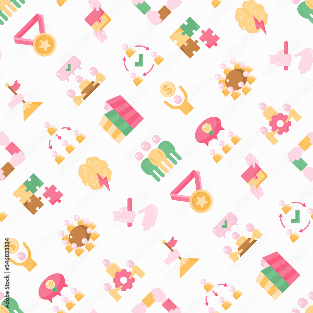 Teamwork seamless pattern with flat icons: relay race, brainstorm, success, meeting, idea share, collaboration, joint project, unity, support, delegation, bonus. Modern vector illustration. Teamwork seamless pattern with flat icons: relay race, brainstorm, success, meeting, idea share, collaboration, joint project, unity, support, delegation, bonus. Modern vector illustration.