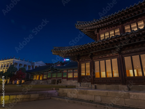 Beautiful Asian royal palace in Seoul. National korean buildings on sunset