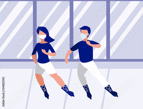 Woman and man skating with mask at street vector design