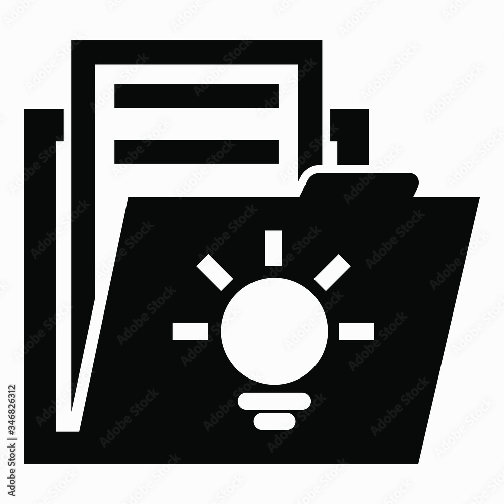 Folder and light bulb icon. Bills for the light. Collection of documents of electricity. Illustration of a folder with new offers. Vector icon. Folder and light bulb icon. Bills for the light. Collection of documents of electricity. Illustration of a folder with new offers. Vector icon.