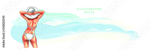 Vector illustration. Beautiful tanned young woman on the beach, looks towards the sea and takes sun baths. Vacation and vacation concept on the coast. Summer sun. The shore and the sea.