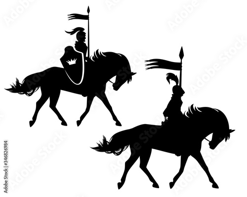 medieval royal knight riding horse - fairy tale hero horseman black and white vector silhouette
