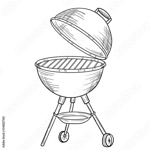 BBQ and grill net with sketch objects isolated on white background. Hand drawn barbecue element