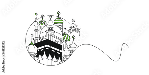 Holy Kaaba in Mecca Saudi Arabia, Flat Line Art Vector illustration.
