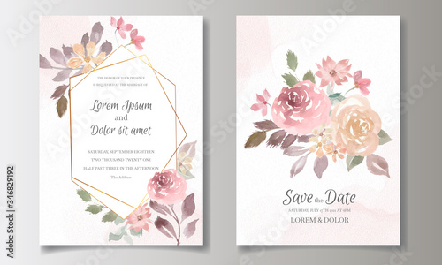 Wedding invitation card with floral and leaves watercolor © mariadeta