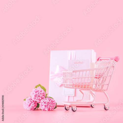 Mother's Day holiday gift design concept, pink carnation flower bouquet with wrapped box isolated on light pink background, copy space.