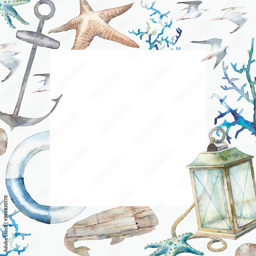 Obraz premium Watercolor nautical frame. Sea decor illustrations card.
