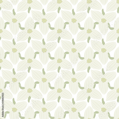 Vector Flowers in White Gray with Green Leaves on White Background Seamless Repeat Pattern. Background for textiles, cards, manufacturing, wallpapers, print, gift wrap and scrapbooking.