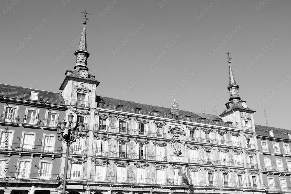 Madrid - Plaza Mayor. Black and white retro style.