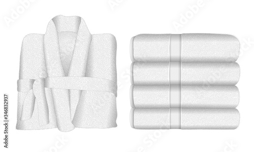1 peignoir et 2 serviette en éponge blanche, un ensemble de bain, pour le spa ou le sauna.