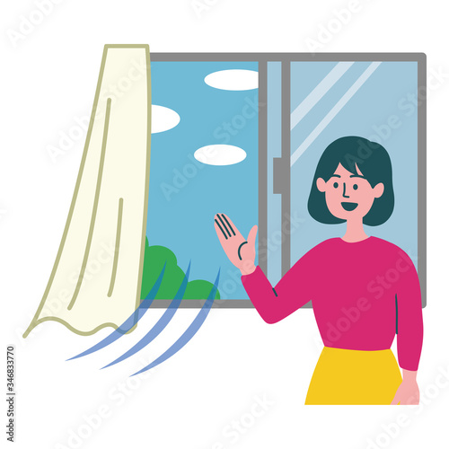 女性　女の子　窓　換気