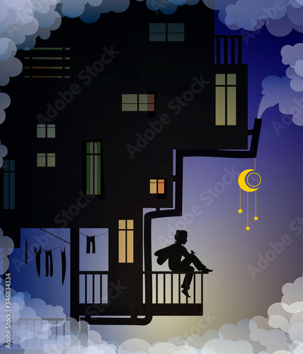 dreaming boy is sitting on the balcony above the clouds, fairy characters, house of kids night fantasy, life on heavens story, shadows,