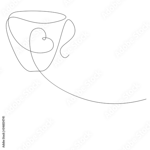 Cup of coffee love heart line drawing, valentines day vector illustration