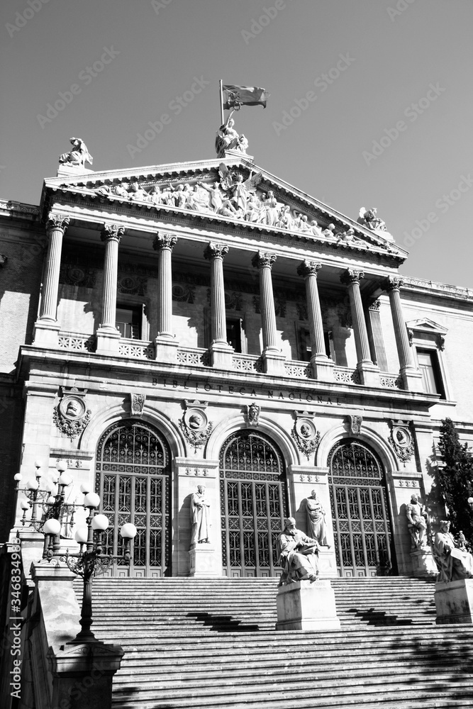 Madrid - National Library. Black and white vintage style.