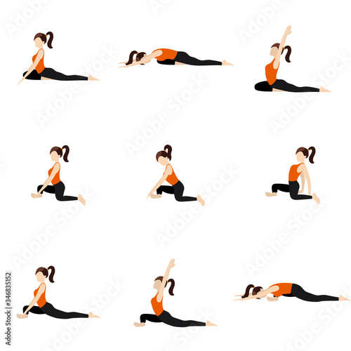 Pigeon pose modifications yoga asanas set/ Illustration stylized woman practicing ardha kapotasana modifications