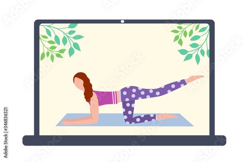 Online fitness and yoga classes. Female instructor showing exercises on a laptop screen. Healthy lifestyle, workout and sport from home. Vector illustration isolated on white background.