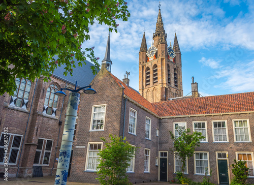Tower of Oude Kerk (Old Church) in Delft, The Netherlands, as seen from Prinsenhof Museum
