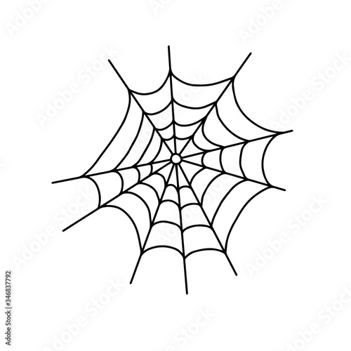 Vector outline illustration of a simple fancy Halloween spider web, isolated object on the white background, clipart useful for halloween party decoration, hand drawn image, cartoon spooky character