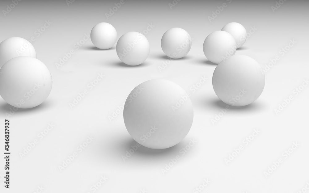 White abstract background. Set of white balls isolated on white backdrop. 3D illustration