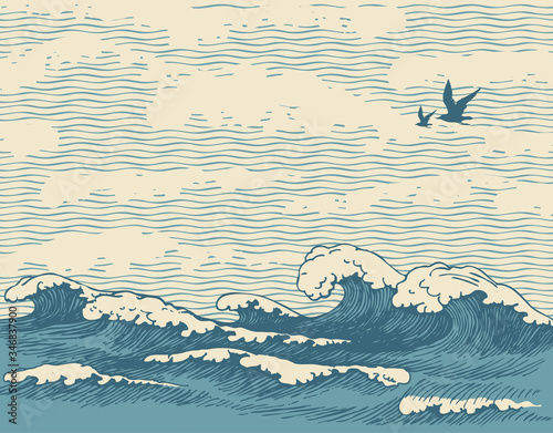 Vector hand-drawn seascape in retro style with waves, seagulls and clouds in the sky. Decorative illustration of the sea or ocean, water waves on the old paper background