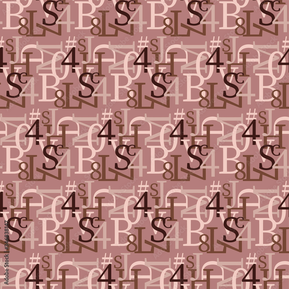 Set of vector seamless patterns. Latin alphabet, numbers, math symbols.