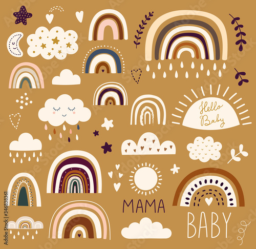 Decorative abstract art collection with modern rainbows. Hand-drawn modern illustration. Baby trendy decorative collection	