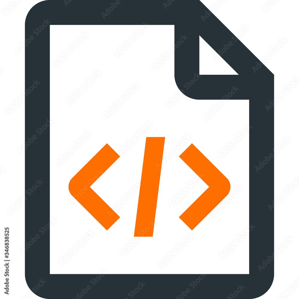 Source code file. Grey vector icon with orange closed tag. Source code file. Grey vector icon with orange closed tag.