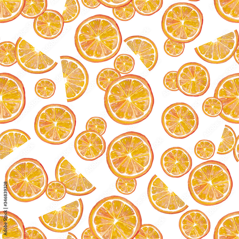Watercolor painting, seamless pattern. tropical fruits, citrus fruits, slices of lorange. Trendy stylish art background