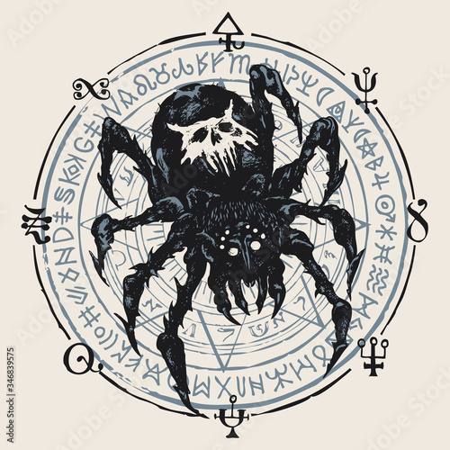 Decorative illustration with a big black spider on the background of a circle with a star and unreadable scribbles. Vector hand-drawn banner in retro style on a light background