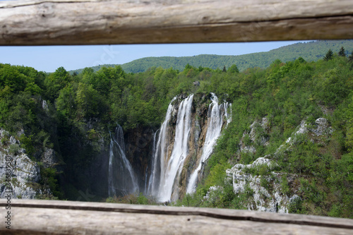 Waterfalls seen from the viewpoint  in the Plitvice Lakes Nature Park  forest reserve located in central Croatia  Europe.