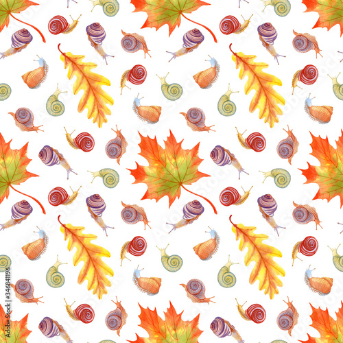 Seamless pattern with watercolor autumn maple and  oak leaves and snails. Stock illustration  for greetings, invitations, manufacture wrapping paper, textile and web design.