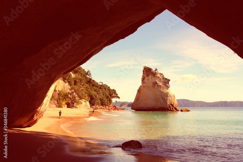New Zealand - Cathedral Cove. Vintage filtered colors style.