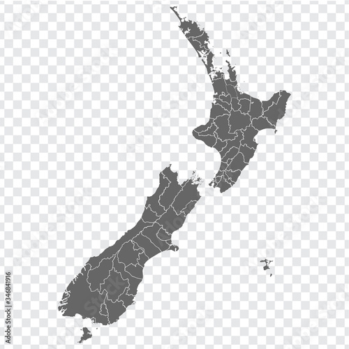 Blank map of  New Zealand. Districts of  New Zealand map. High detailed gray vector map of  New Zealand on transparent background for your web site design, logo, app, UI. EPS10. 