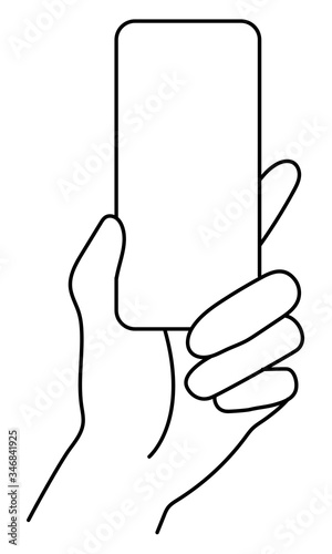 Hand holding a phone in vertical position. Blank screen smartphone for message or photo. Vector illustration in outline style.