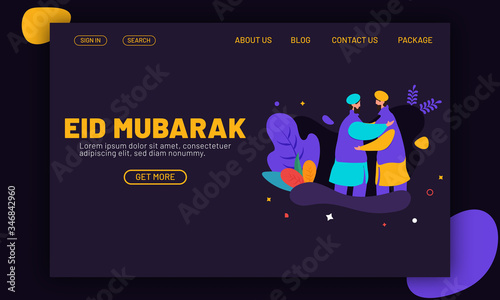 Landing page or template for Muslim feast Eid Mubarak. Muslim People feast for breaking the fast and give blesses to each other with hugs and gifts. Website header or poster design for Eid Mubarak.