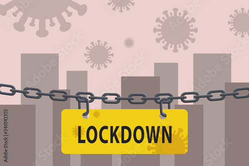 Virus lockdown chain barrier over city silhouette. Pandemic Biohazard warning. Stock vector illustration in flat design.