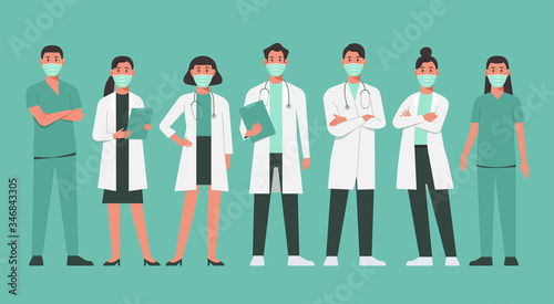 character of doctors and nurses wearing a surgical face mask and standing together to fight COVID-19, male and female medical characters set cartoon vector flat illustration