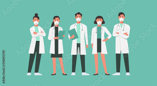 character of doctors and nurses wearing a n95 face mask and standing together to fight COVID-19, male and female medical characters set cartoon vector flat illustration