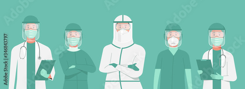 character of nurses and doctors wearing protective suits, goggle and face shield standing together to fight COVID-19, male and female medical characters set cartoon vector flat illustration