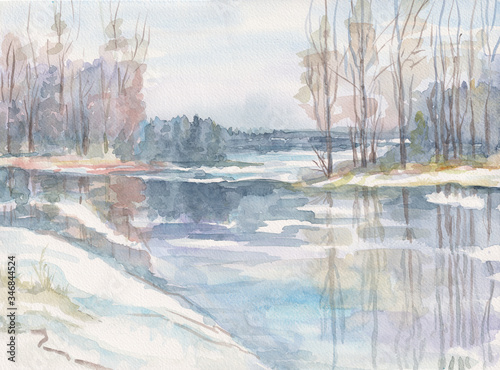 spring months - April, March. Nature wakes up, the snow melts. Trees in the forest are reflected in the water. Pastel colors. Hand drawn watercolor illustration. Image for greeting card, calendar