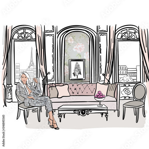 Photography Illustration of a sketch in gentle colors of an interior room on the background of the capital of France, Paris