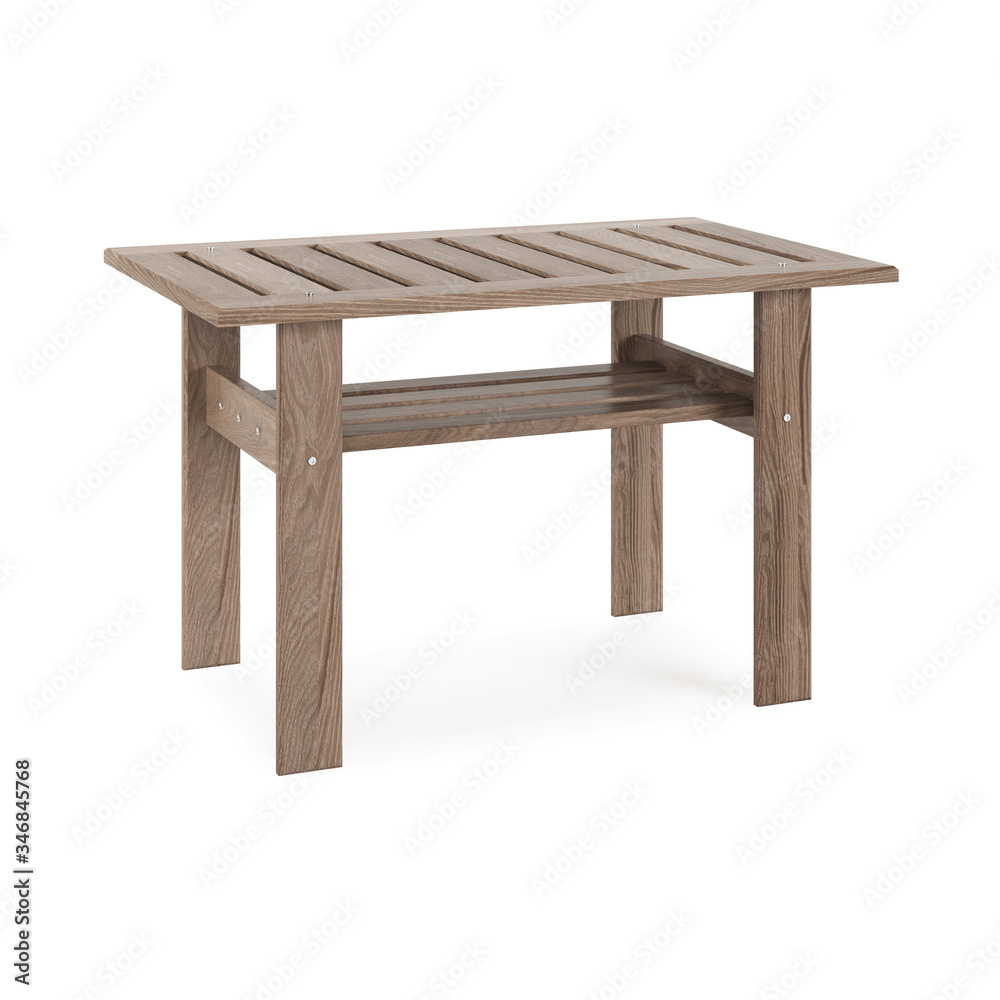 Garden, outdoor furniture isolated on white background. Wooden coffee table. Clipping path included. 3D rendering. Garden, outdoor furniture isolated on white background. Wooden coffee table. Clipping path included. 3D rendering.