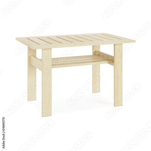 Garden, outdoor furniture isolated on white background. Wooden coffee table. Clipping path included. 3D rendering.