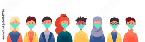 People of different nationalities are wearing protective masks. A group of people wearing medical masks to prevent diseases, flu, polluted air. Vector illustration in a flat style.
