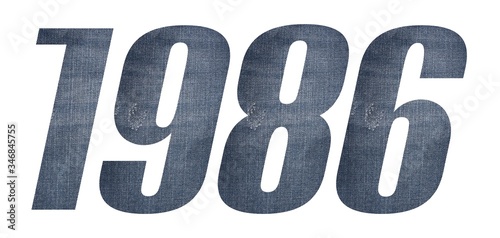 1986 with jeans fabric texture on white background.