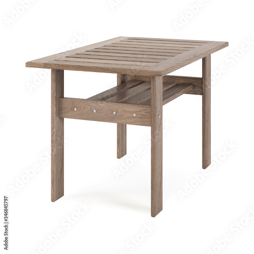 Garden, outdoor furniture isolated on white background. Wooden coffee table. Clipping path included. 3D rendering.