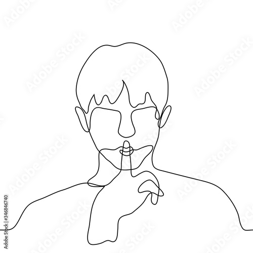 A man with a finger at his mouth one continuous line drawing. Vector illustration of a man calling for silence, keep quiet, keep silent, keep a secret