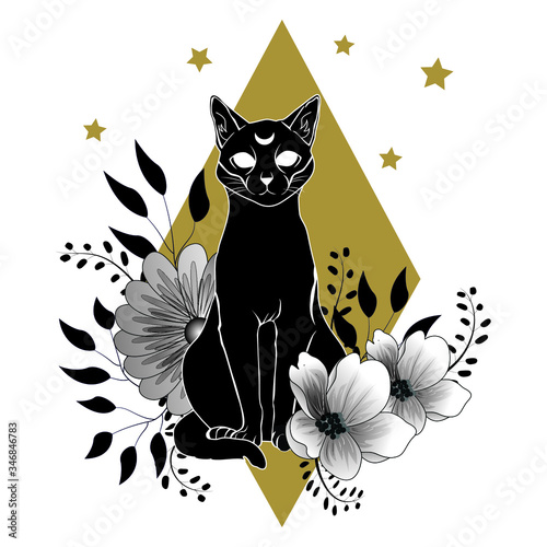 Occult Black Cat. Halloween witch cat. Floral and leafs vector illustration. 