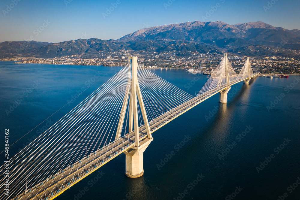 Suspension bridge crossing Corinth Gulf strait, Greece. Is the world's second longest cable-stayed bridge