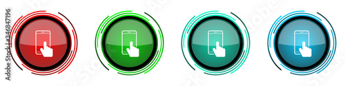 Smartphone round glossy vector icons, mobile phone set of buttons for webdesign, internet and mobile phone applications in four colors options isolated on white background